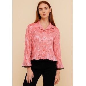 She’s All That Barbie Pink Y2K Crinkle Mesh Ruffle Button Top